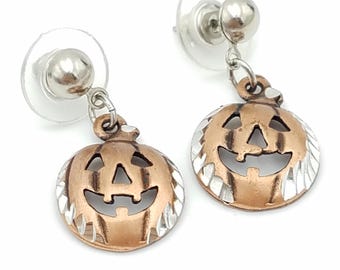 Pewter and Copper-Washed Jack-o'-Lantern Pumpkin Dangle Earrings