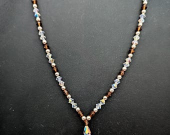 Vintage Sterling Silver & Brown Aurora Borealis Beaded Y Necklace - 15.5"
