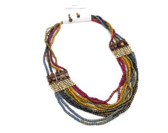 Old Stock Rainbow Beaded Multi-Strand Necklace & Earrings Set
