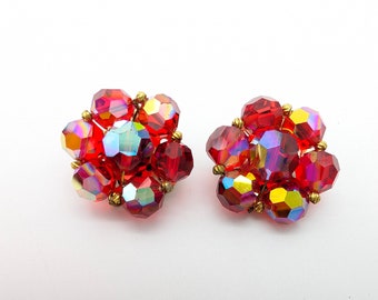 Vintage Red AB Crystal Beaded Floral Clip Earrings - 1"