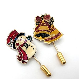 Set of 2 Vintage Enameled Holiday Lapel Pins - Snowman & Bells