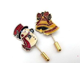 Set of 2 Vintage Enameled Holiday Lapel Pins - Snowman & Bells