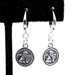 Oxidized Sterling Silver Angel Charm Dangle Earrings, Cherub Hoops Hoops