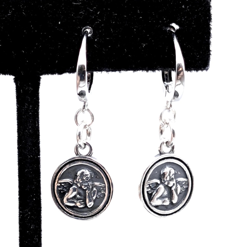 Oxidized Sterling Silver Angel Charm Dangle Earrings, Cherub Hoops Hoops
