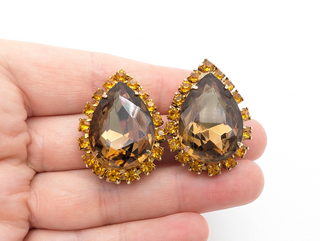 Vintage Topaz & Citrine Rhinestone Teardrop Clip on Statement Earrings ...
