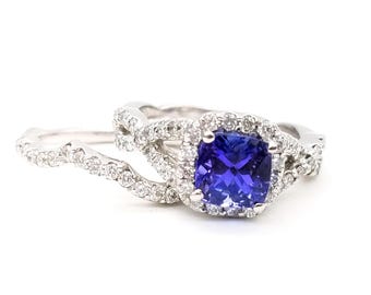 14K White Gold, Tanzanite, Diamond Engagement & Wedding Band Ring Set - Size 6