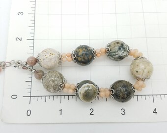 天然石＆ピンククォーツビーズブレスレット - 7.5～9.5インチ（調節