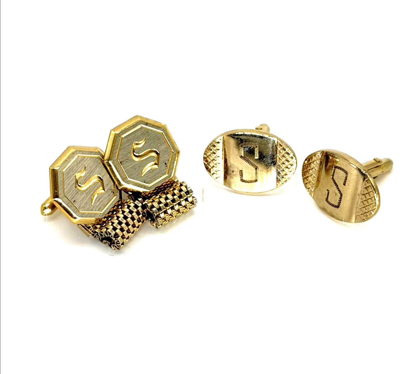 Two Sets of Vintage Letter S Cufflinks, Gold Tone S Initial Cufflink Set