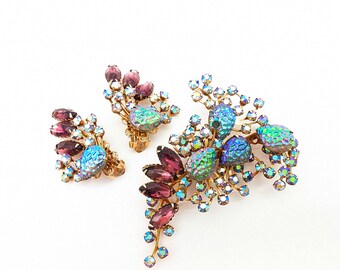 Vintage Purple & Rainbow Lava Rhinestone Brooch and Earrings Set
