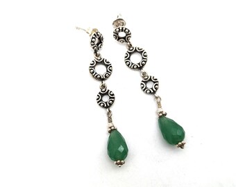 Vintage Briolette Cut Green Aventurine Quartz Sterling Silver Dangle Earrings