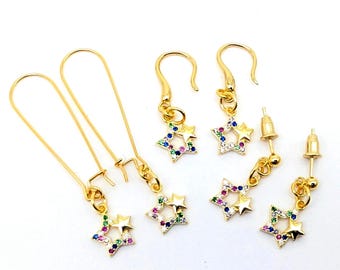 Sterling Silver Rainbow CZ Star Dangle Earrings; Christmas Earrings, Holiday Earrings