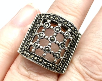 Sterling Silver & Marcasite Statement Ring - Size 6