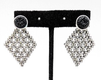 Black & White Rhinestone Diamond Shaped Convertible 2-Part Earrings