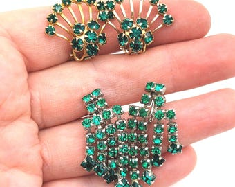 Two Pairs of Vintage Green Rhinestone Screw & Clip Earrings