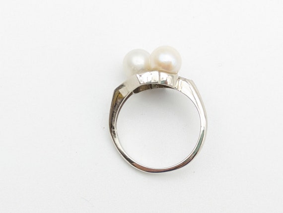 Vintage 10K White Gold Cultured Pearl and CZ Ring… - image 8