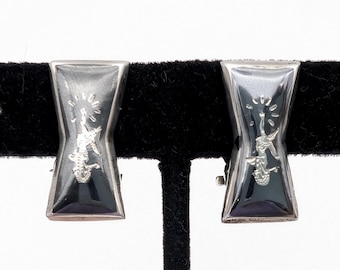 Vintage Niello Siam Sterling Silver and Black Enamel Mekhala Lightning Goddess Bow-Shaped Clip Earrings