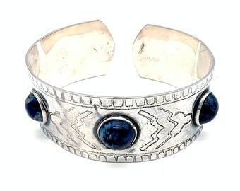 Heavy  Sterling Silver & Sodalite Cuff Bracelet - 8"