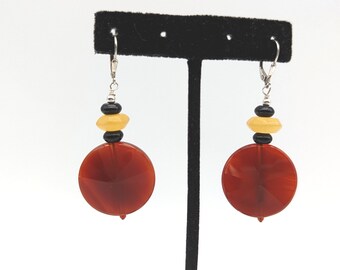 Vintage Sterling Silver Carnelian, Agate & Onyx Dangle Earrings