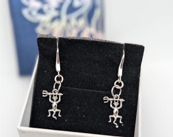 Sterling Silver Devil Charm Dangle Earrings; Tailed Devil Earrings, Platinum Plated