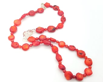 Vintage Beaded Red Coral & Sterling Silver Heart Necklace