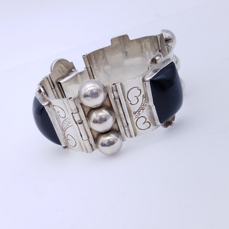 Vintage Mexican Onyx /& Sterling Silver Panel Bracelet Signed SR
