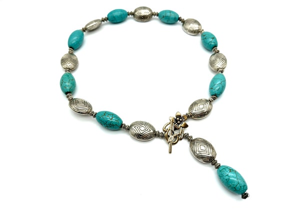 Vintage Faux Turquoise Glass & Etched Silver Bead… - image 1