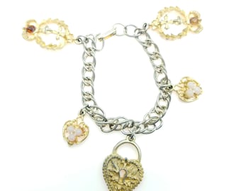 Vintage Silver and Gold Tone Heart Charm Dangle Bracelet