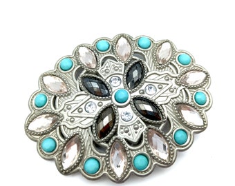 Vintage Silver Tone Faux Turquoise & Rhinestone Floral  Ladies Belt Buckle