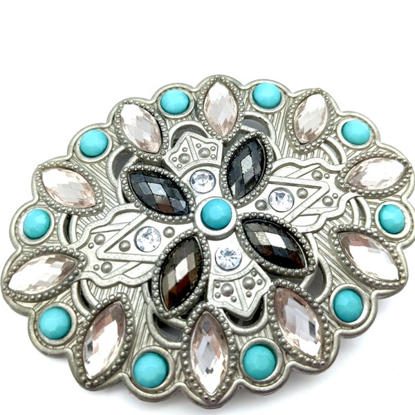 Vintage Silver Tone Faux Turquoise & Rhinestone Floral  Ladies Belt Buckle