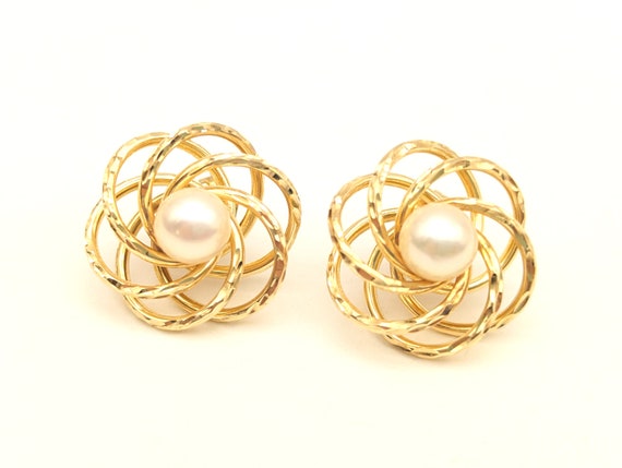 Estate 14K Gold Swirl Pearl Stud Earrings - 7/8 - image 1