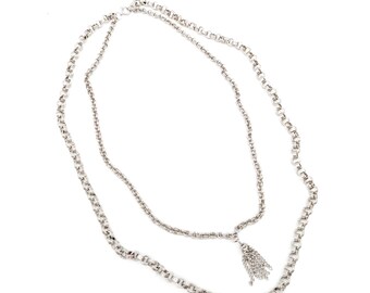 Double Strand Silver Rolo Chain Tassel Pendant Necklace - 18"