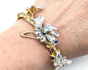 14k Gold Vermeil Sterling Silver Flower Bangle Bracelet