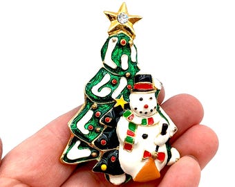 Vintage Gold-Tone Enameled Snowman & Christmas Tree Brooch