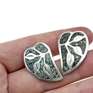 Vintage Mexico Abalone & Sterling Silver Leaf Screw-Back Earrings