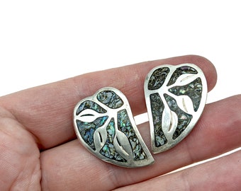Vintage Mexico Abalone & Sterling Silver Leaf Screw-Back Earrings