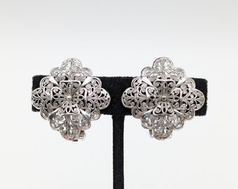 Vintage Sterling Silver Floral Filigree Clip-On Earrings - 1"