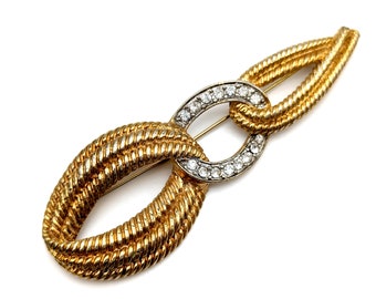Vintage Gold Rope & Rhinestone Brooch - 4"