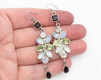 Vintage Sterling Silver Moonstone, Peridot & Garnet Dangle Earrings
