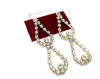 Old Stock Gold Tone & Rhinestone Dangle Prom / Wedding Earrings - 3"