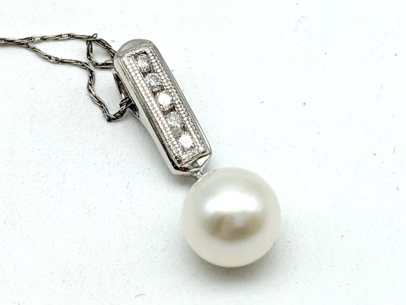 14K White Gold, Pearl & Diamond Pendant - image 2