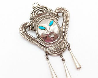 Silver Tone & Faux Turquoise Tribal Face Mask Dangle Brooch/Pendant - 3.5"