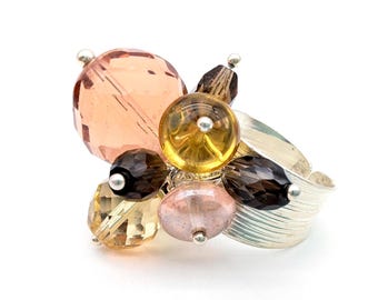 Adjustable Wide Band Sterling Silver Ring with Citrine, Crystal and Glass Beads