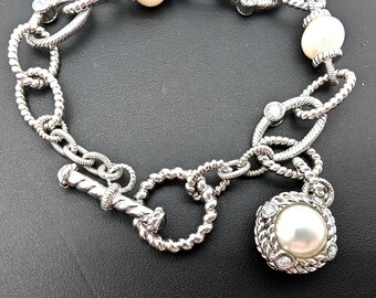 Judith Ripka Sterling Silver, Diamonique, & Faux Mabe Pearl Link Toggle Bracelet - 7.5"