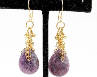 Vintage 14K Gold Filled & Teardrop Amethyst Dangle Earrings - 2"