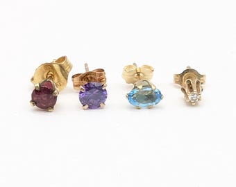 Single Diamond, Ruby, Topaz Stud Earrings in 14K Yellow Gold - Your Choice