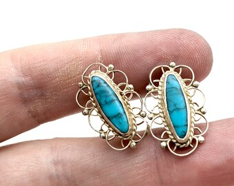Signed Sterling Silver & Turquoise Ace Guadalajara Mexico Screw-Back Dangle - 1.5"
