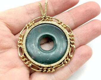 14K Gold & Green Jade Circle, Pi, Disc Pendant Signed Ibsen - 44 mm