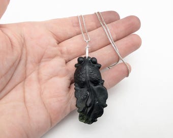 Carved Obsidian Jade Goldfish & Sterling Silver Pendant Necklace - 20"