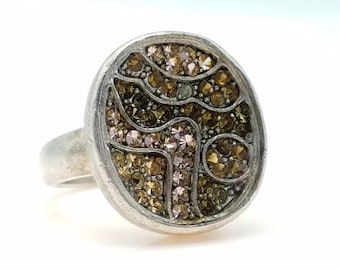 Kenneth Cole Rhinestone Silver Tone & Brown Rhinestone Statement Ring