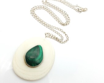 Vintage Sterling Silver, Malachite & Bone Pendant Necklace - 17"
